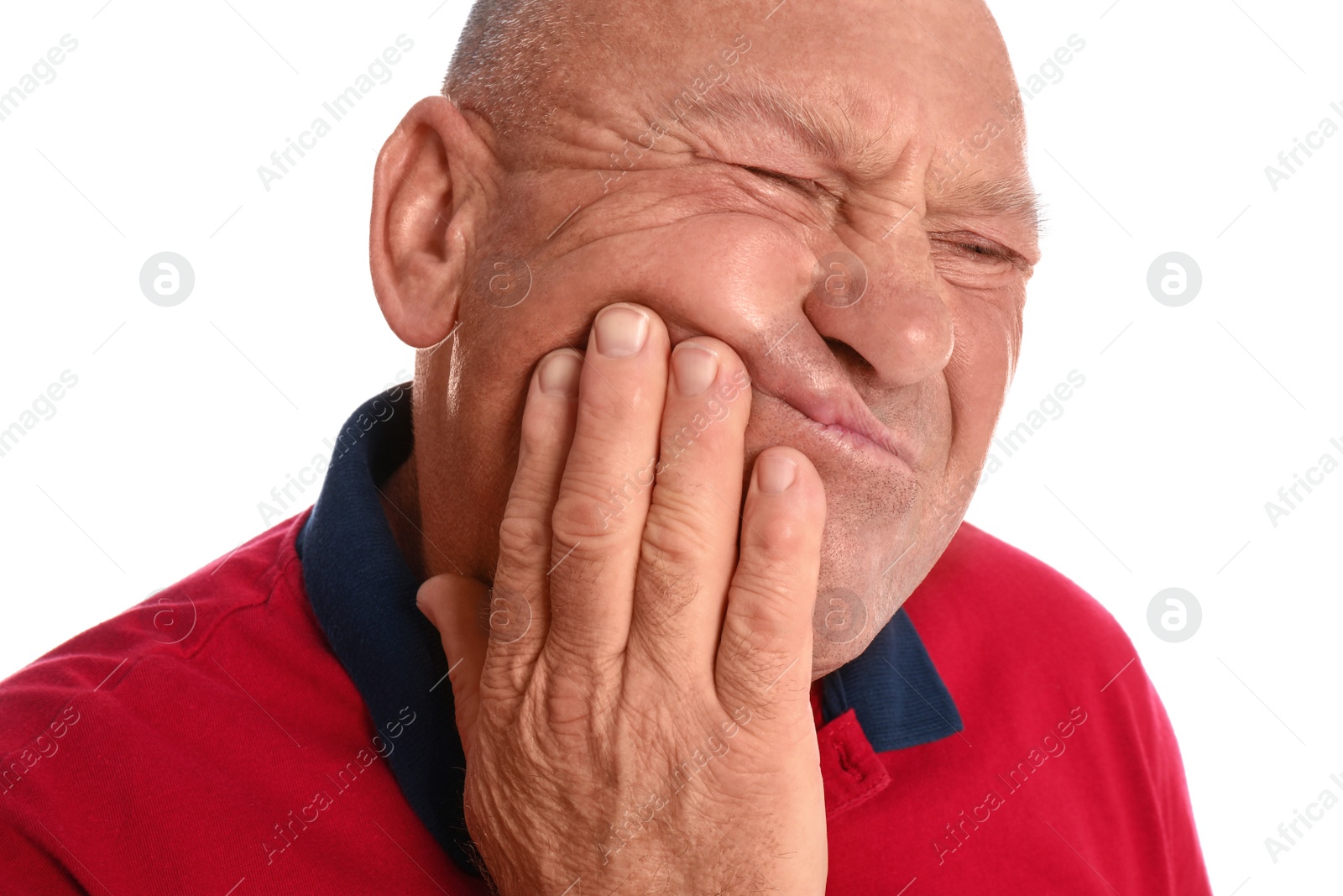 Photo of Mature man suffering from toothache on white background, closeup
