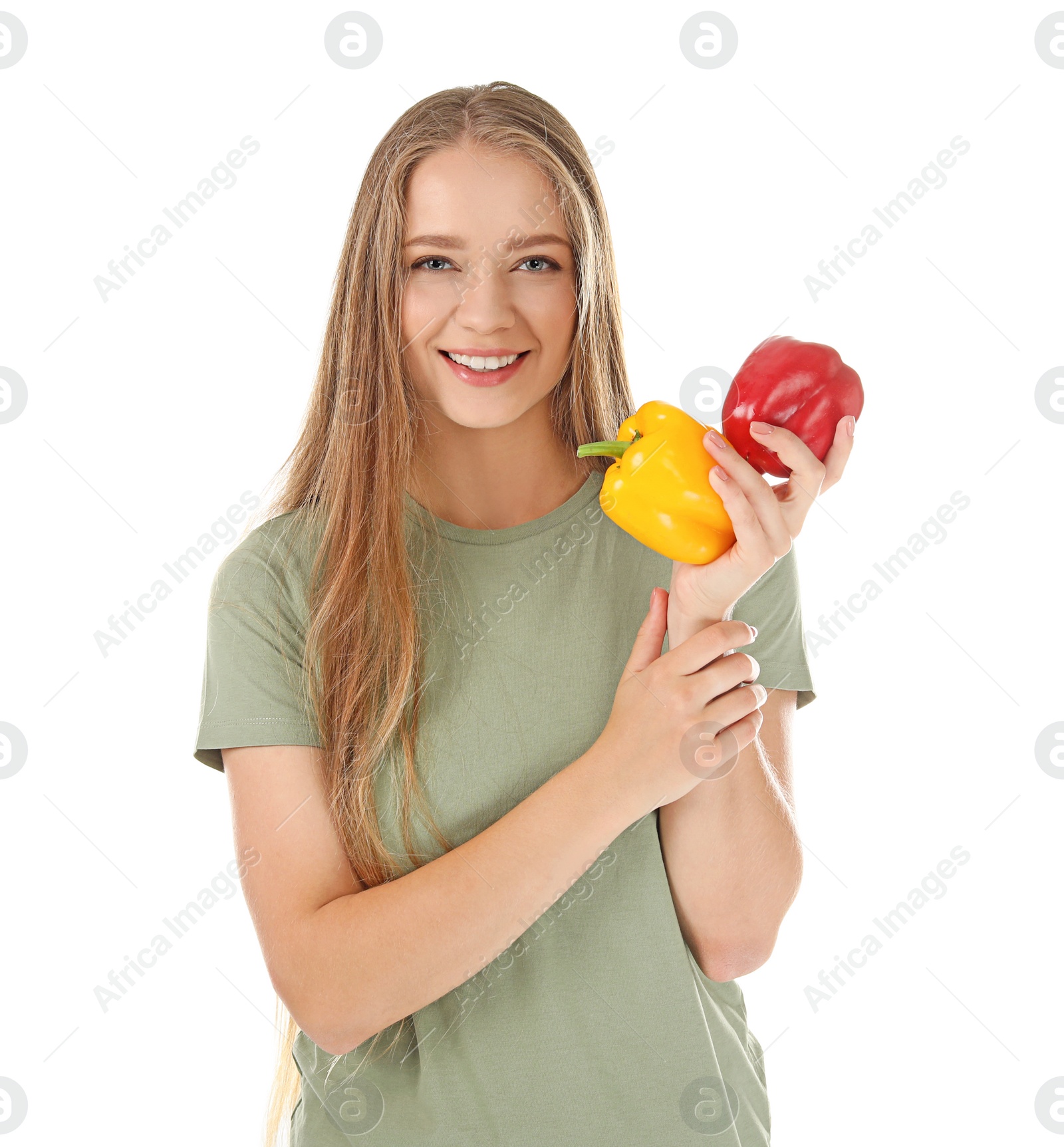 Photo of Young woman with peppers on white background. Healthy diet