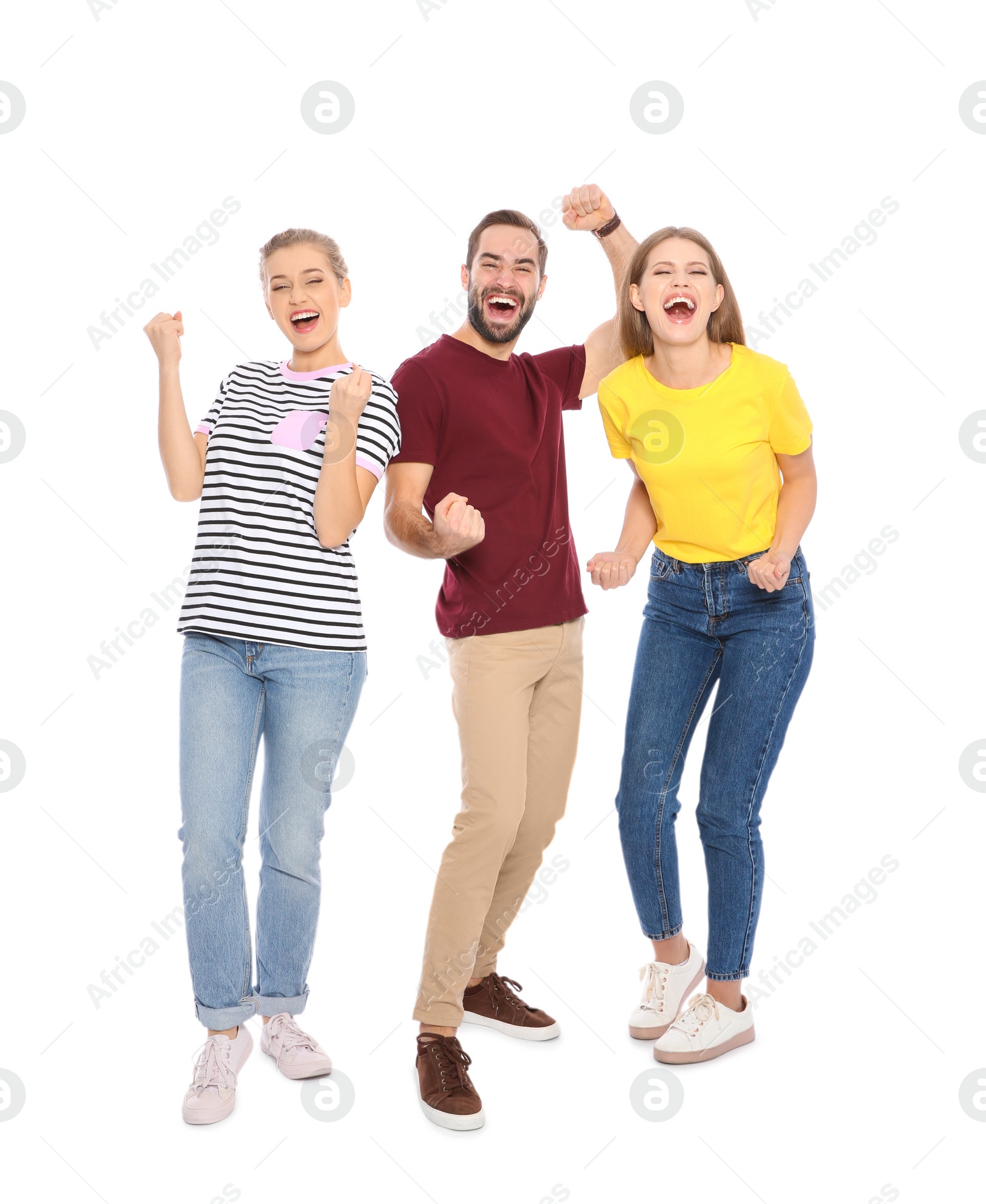 Photo of Young people celebrating victory on white background