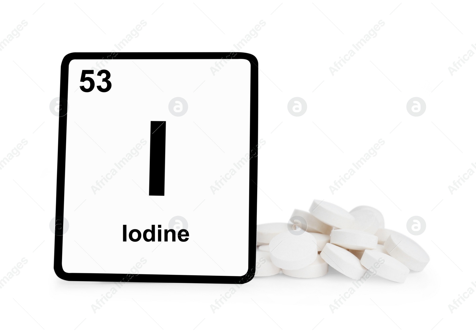 Photo of Card with iodine element and pills isolated on white