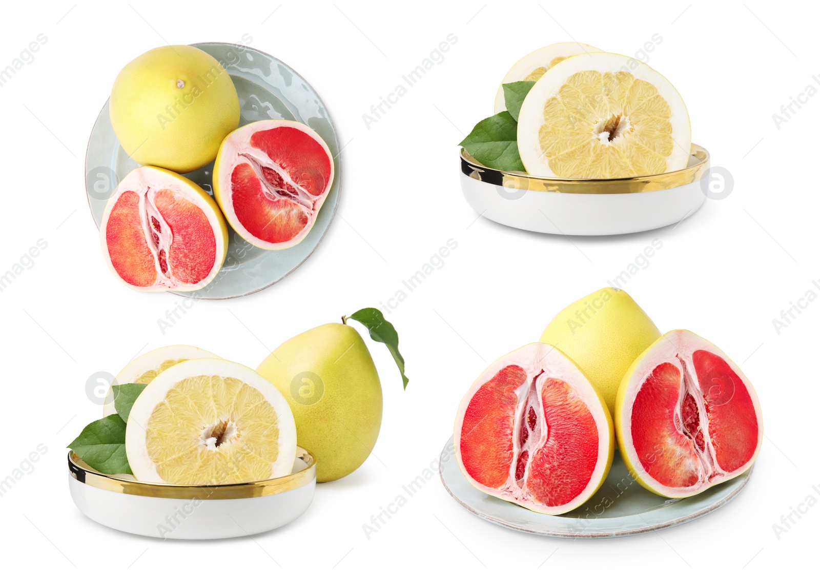 Image of Collage with fresh pomelo fruits on white background