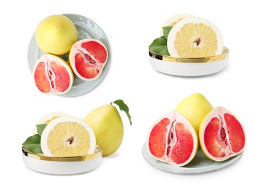 Image of Collage with fresh pomelo fruits on white background