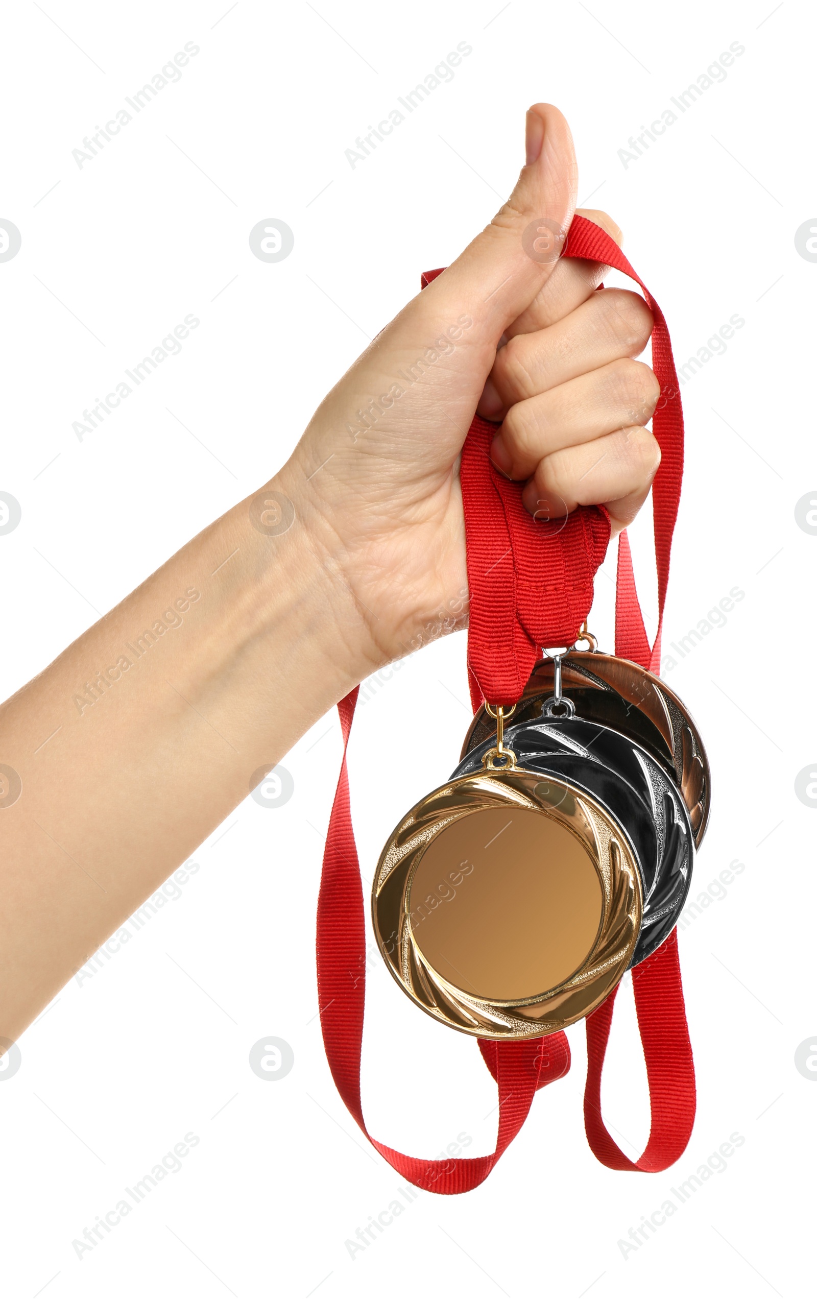 Photo of Woman holding medals on white background, closeup. Space for design