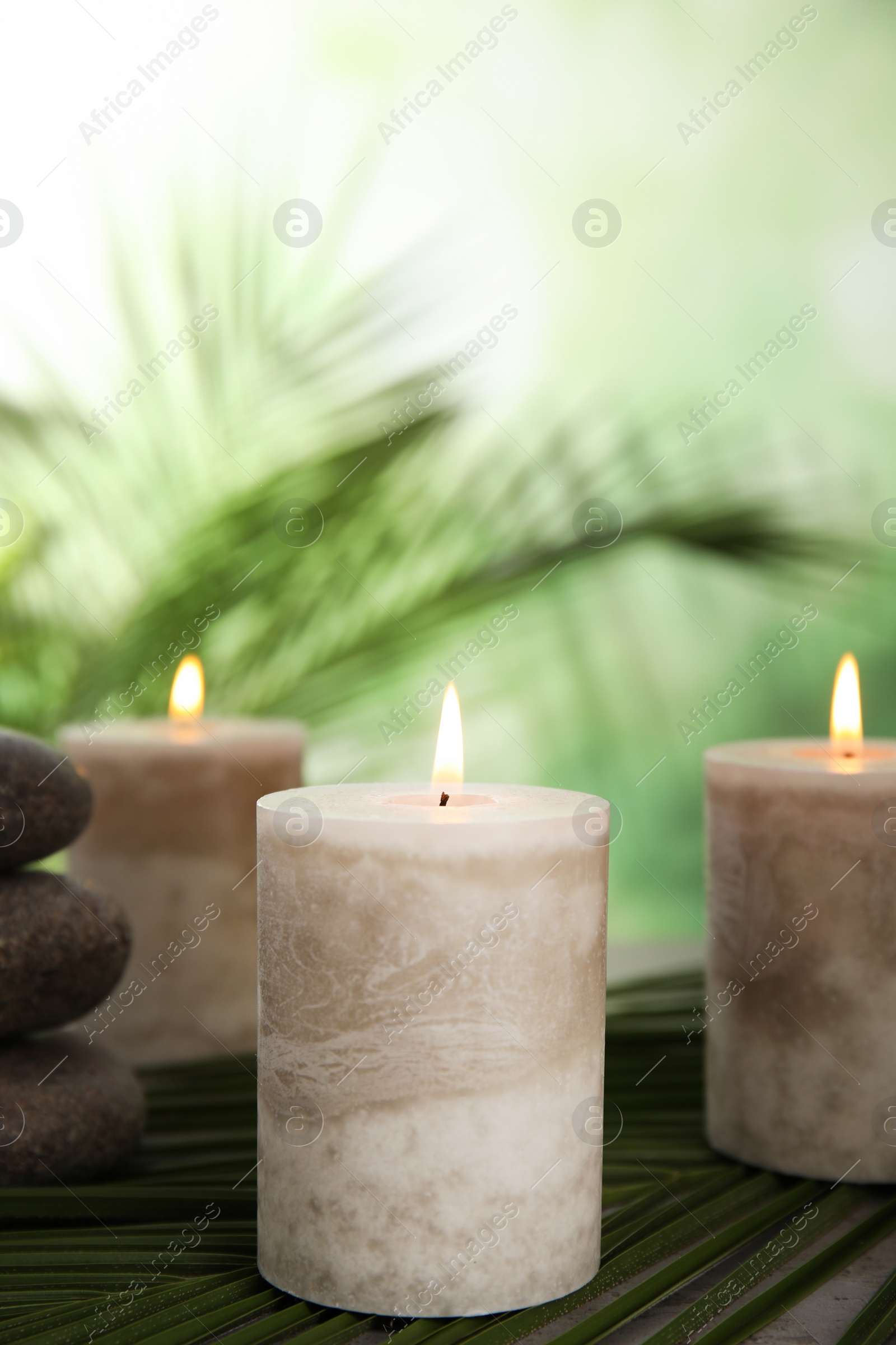 Photo of Burning candles and spa stones with palm leaf on table against blurred green background, space for text