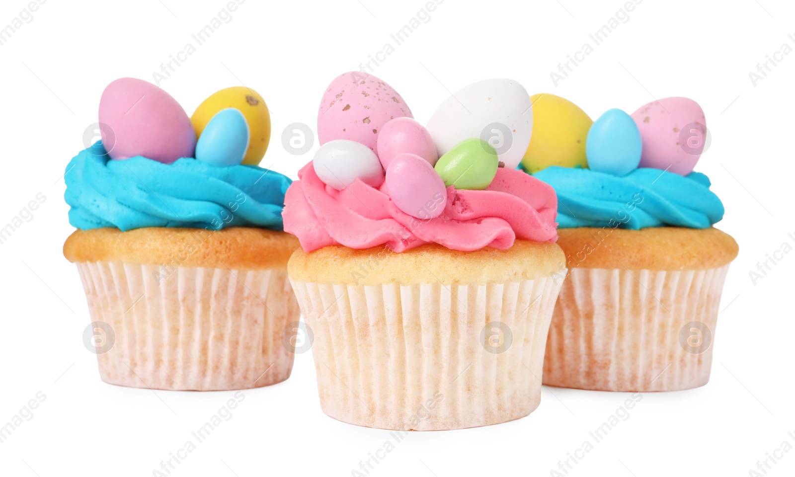 Photo of Tasty decorated Easter cupcakes isolated on white