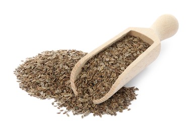 Photo of Scoop with dry dill seeds isolated on white