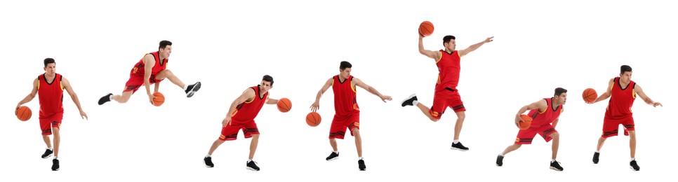 Professional sportsman playing basketball on white background, collage. Banner design