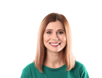 Photo of Smiling woman with perfect teeth on white background