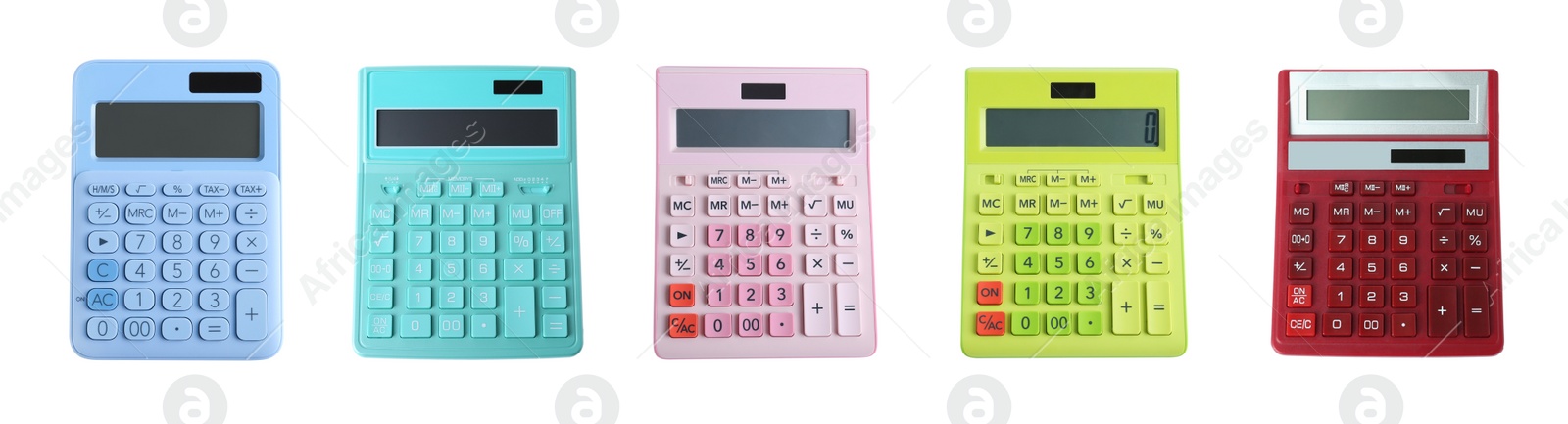 Image of Set of different calculators on white background, banner design