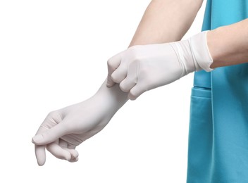 Photo of Doctor wearing medical gloves on white background, closeup