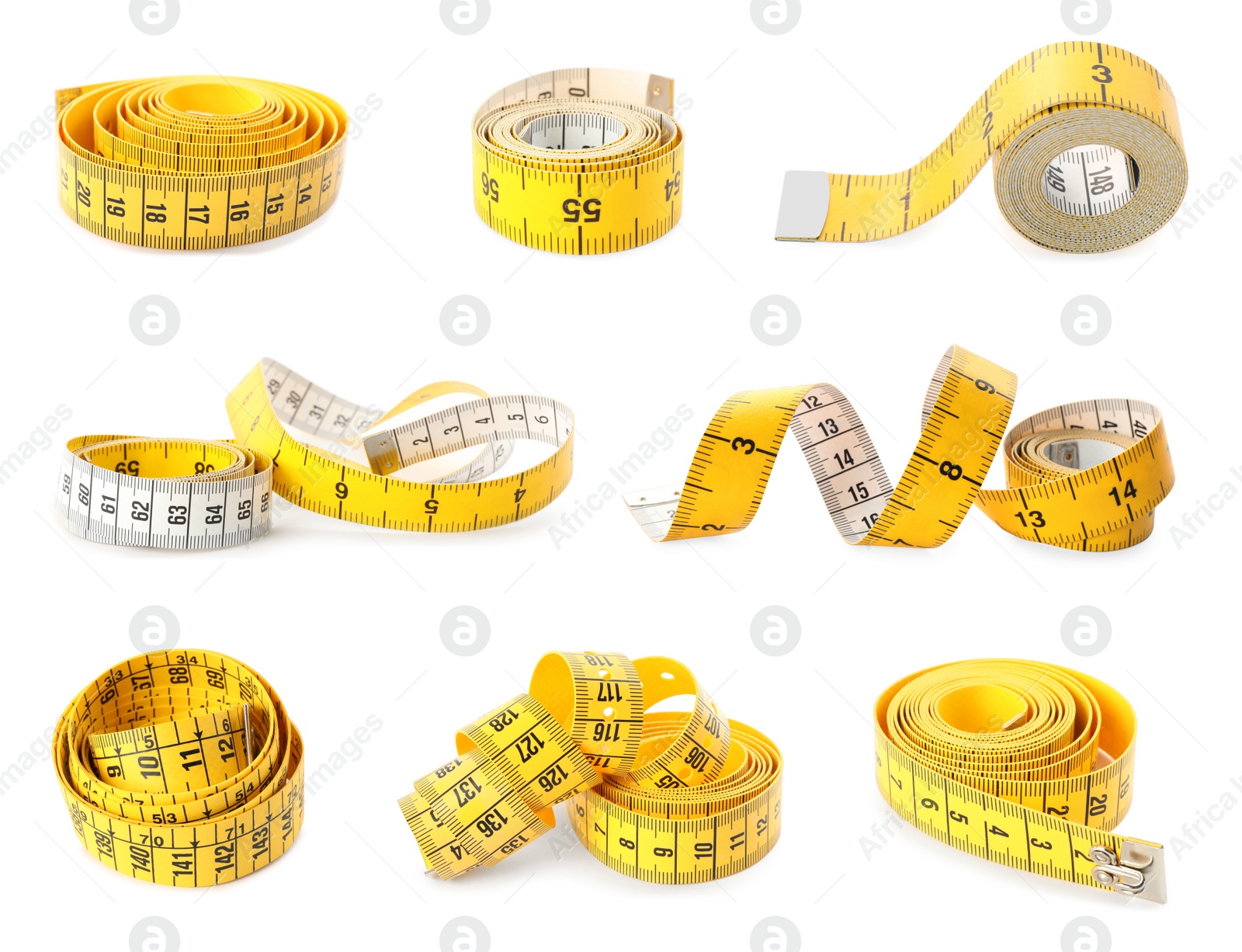 Image of Set of yellow measuring tapes on white background