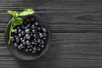 Tasty fresh bilberries with green leaves in bowl on black wooden table, top view. Space for text