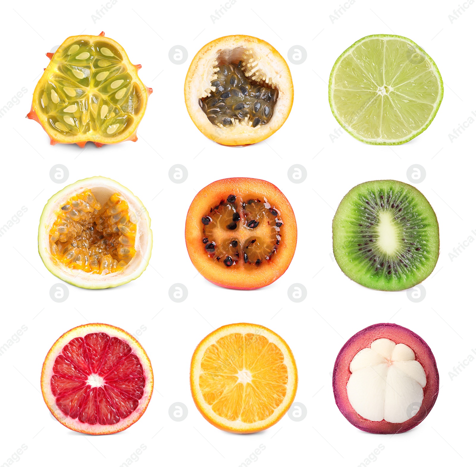 Image of Set with different delicious cut exotic fruits on white background, top view