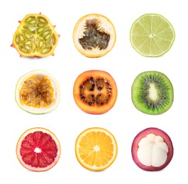 Image of Set with different delicious cut exotic fruits on white background, top view