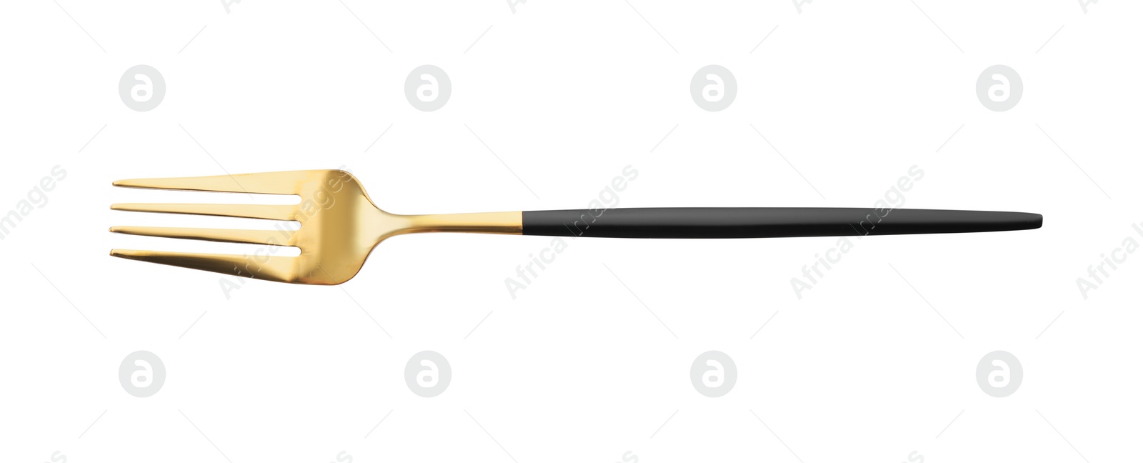 Photo of One shiny golden fork with black handle isolated on white, top view