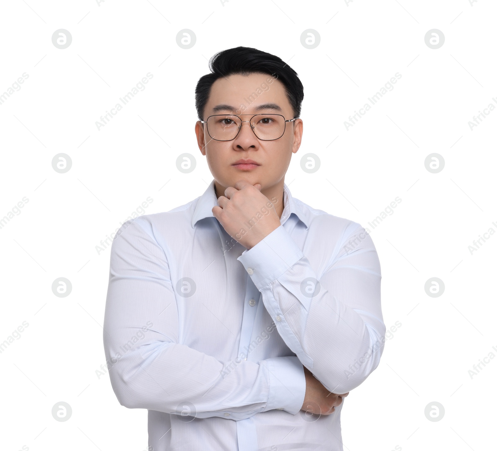 Photo of Businessman in formal clothes wearing glasses on white background