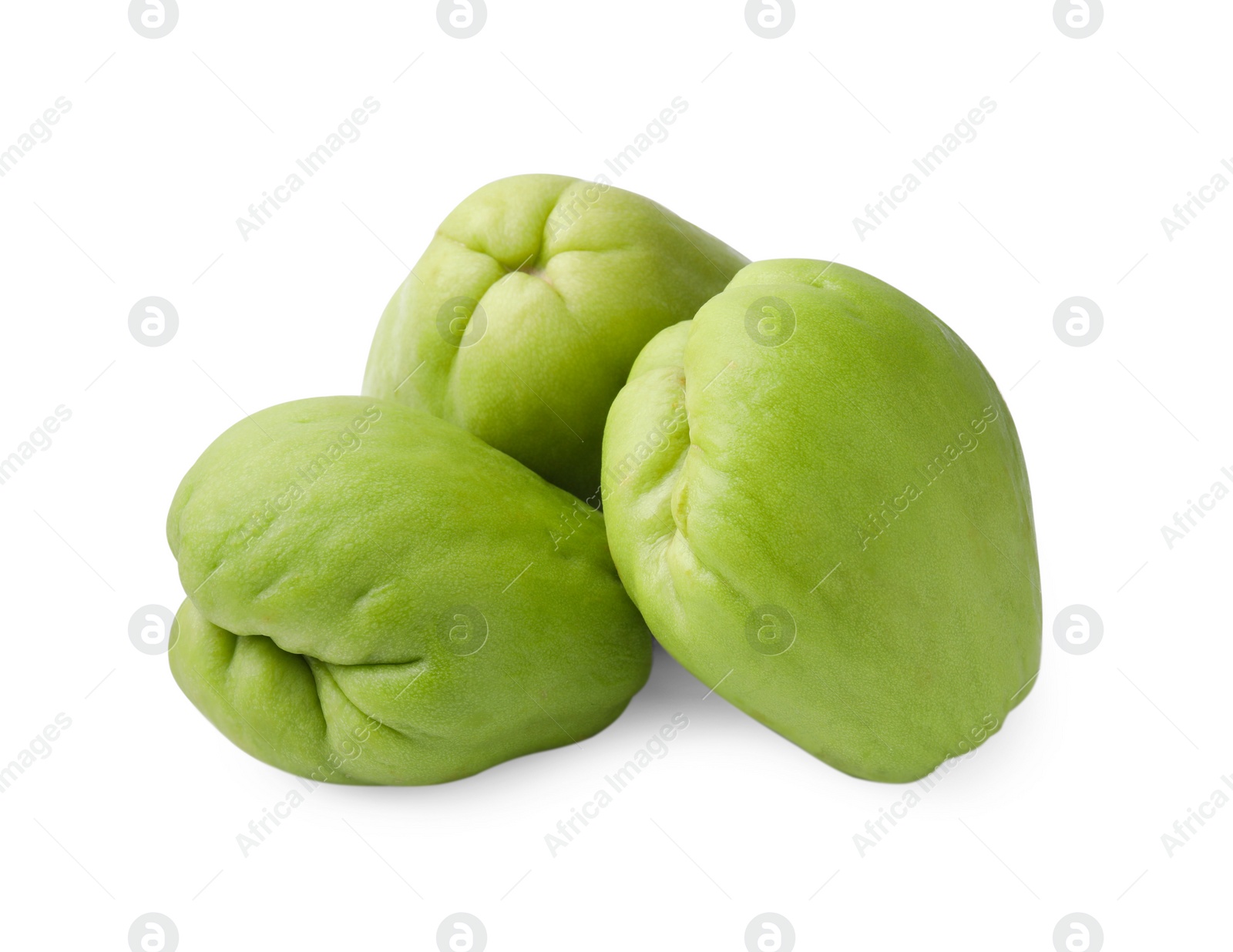 Photo of Many fresh green chayote isolated on white