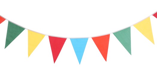 Photo of Bunting with colorful triangular flags on white background. Festive decor