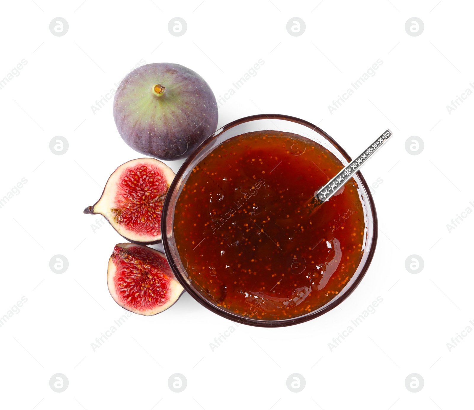 Photo of Glass bowl with tasty sweet jam and fresh figs isolated on white, top view