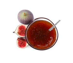 Glass bowl with tasty sweet jam and fresh figs isolated on white, top view