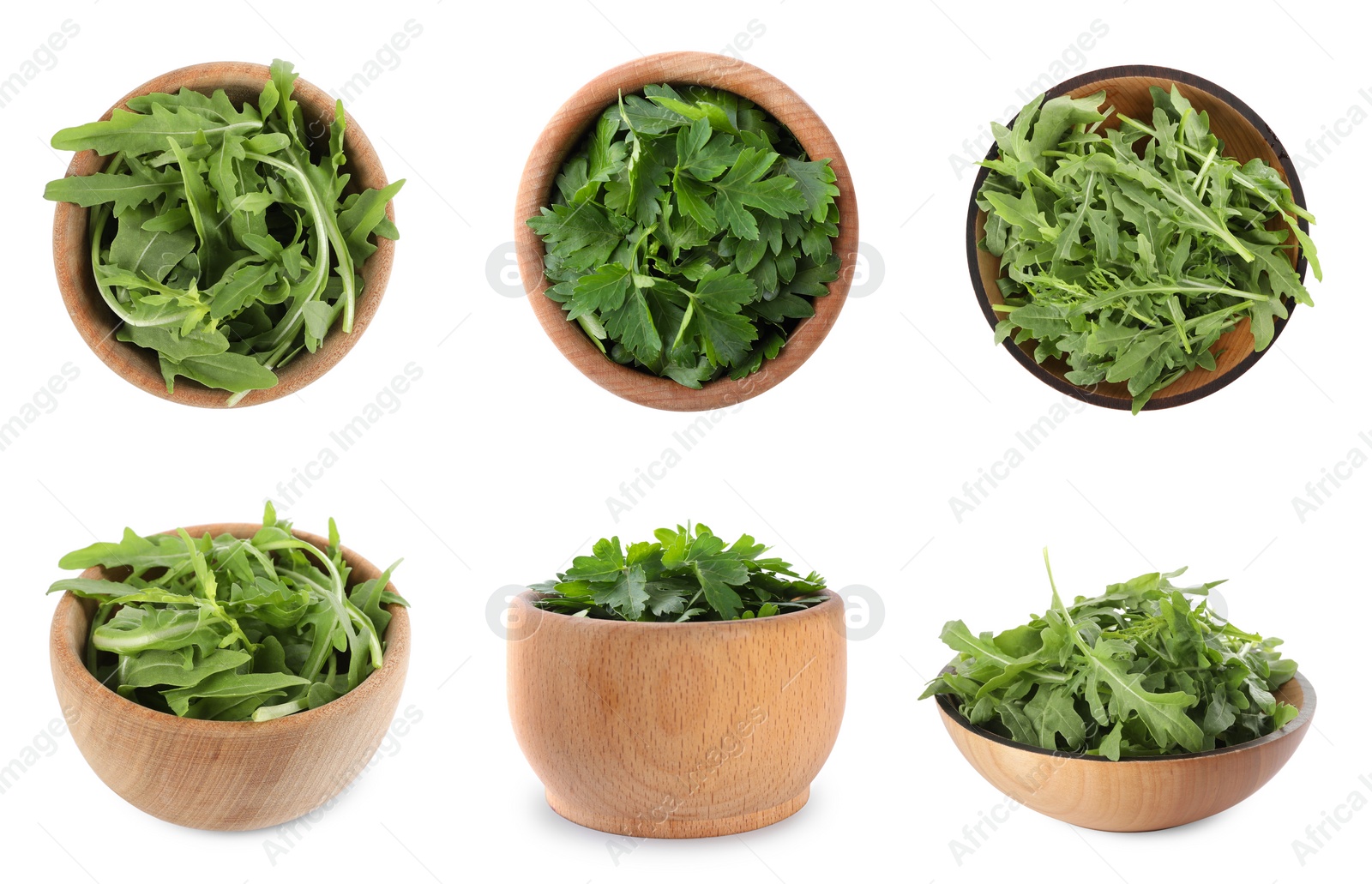 Image of Set with arugula and parsley on white background