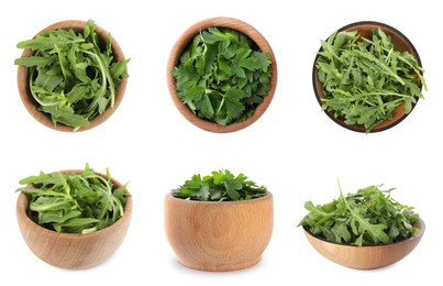 Image of Set with arugula and parsley on white background