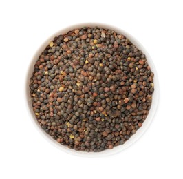 Photo of Raw lentils in bowl isolated on white, top view