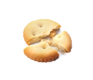 Photo of Broken delicious crispy cracker isolated on white