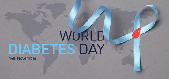 World Diabetes Day, banner design. Light blue ribbon with paper blood drop, top view. Illustration of world map on grey background