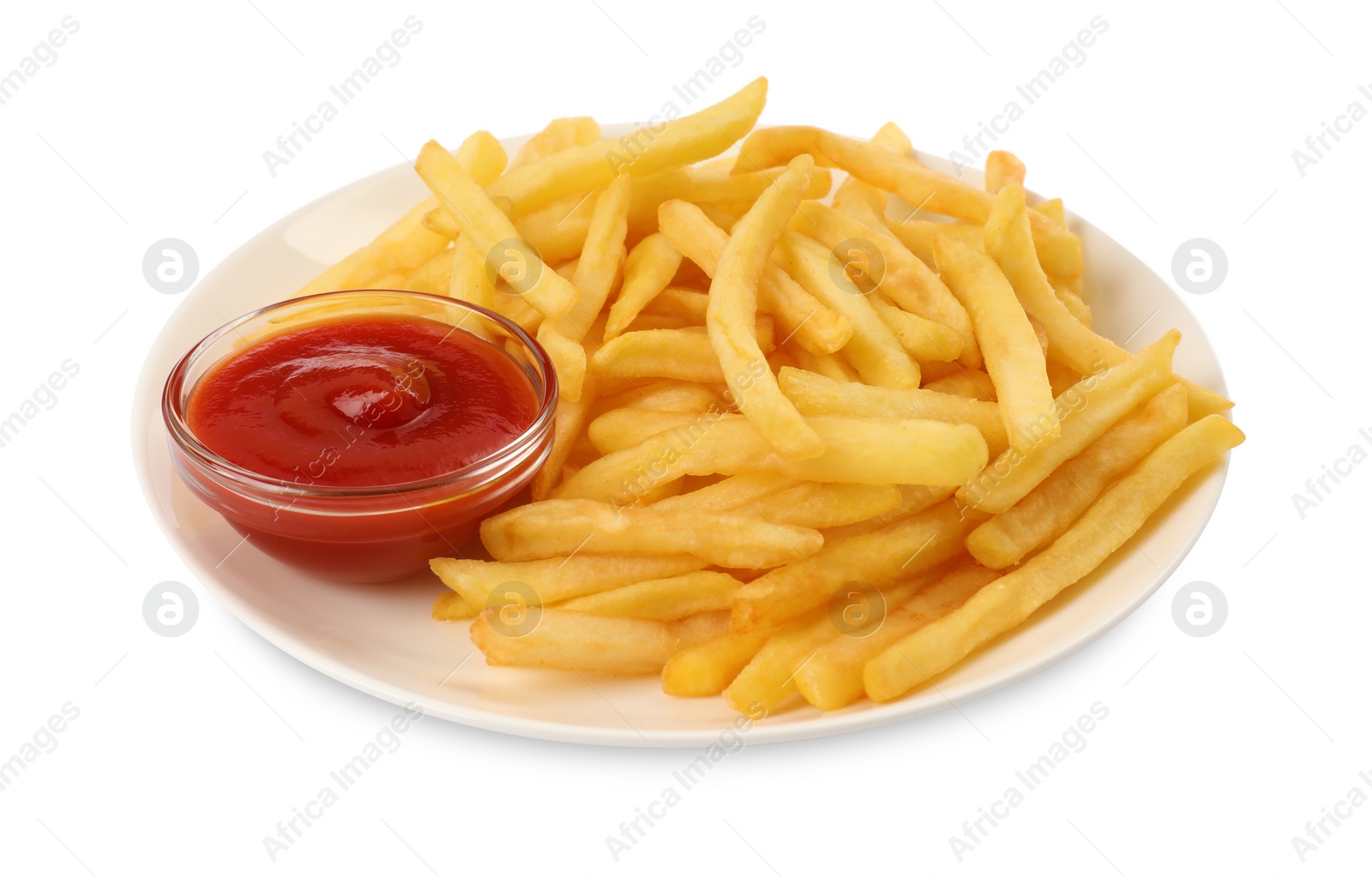 Photo of Plate of tasty french fries with ketchup isolated on white