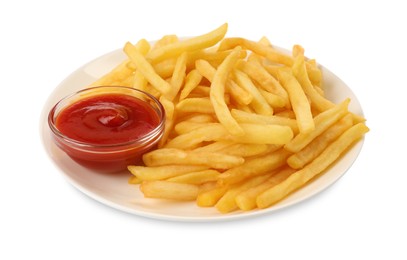 Photo of Plate of tasty french fries with ketchup isolated on white
