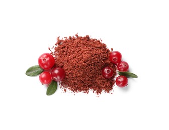 Photo of Dried cranberry powder, fresh berries and green leaves isolated on white, top view