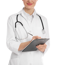 Doctor with clipboard on white background, closeup