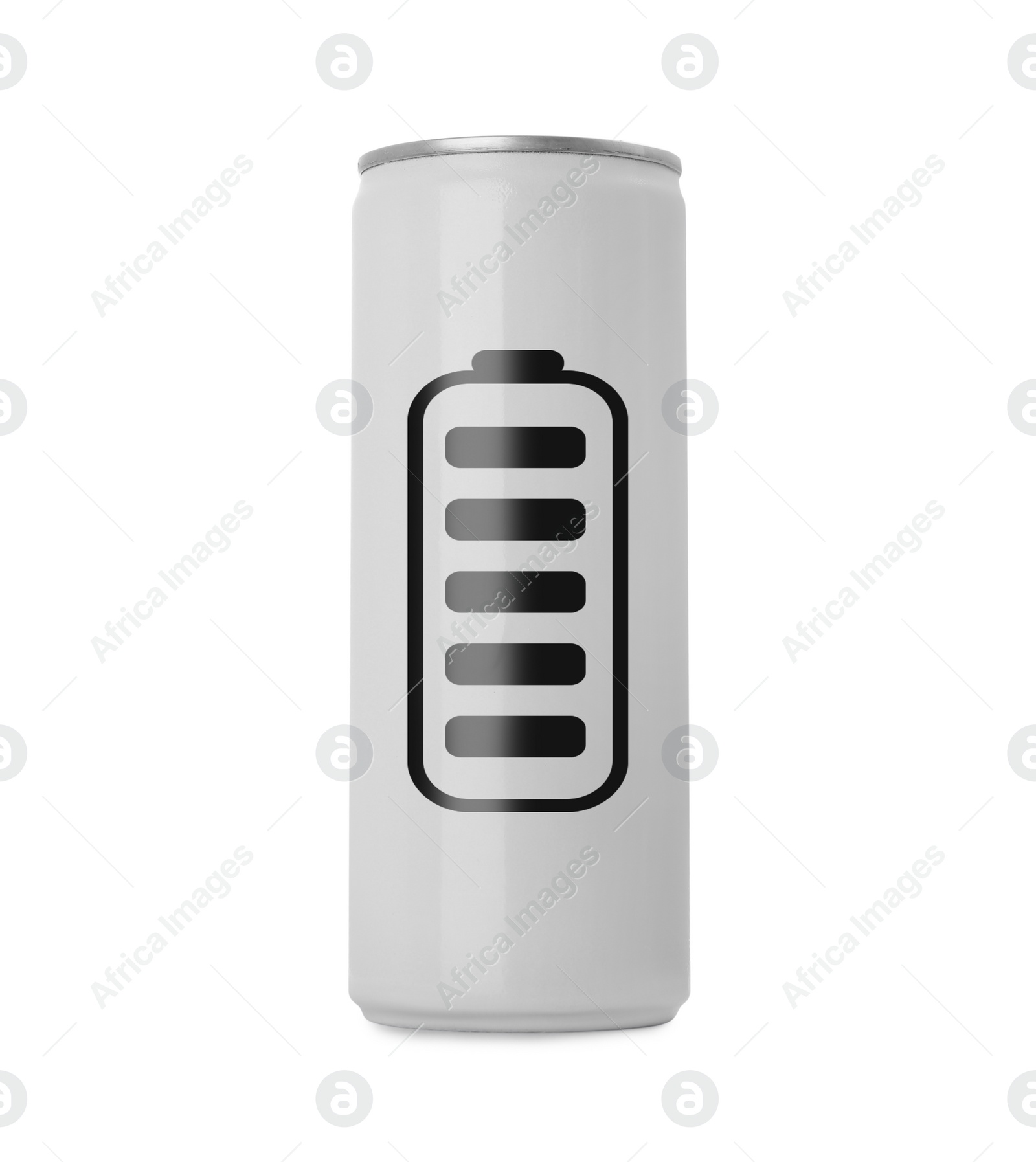 Image of Can of energy drink with picture of fully charged battery on white background