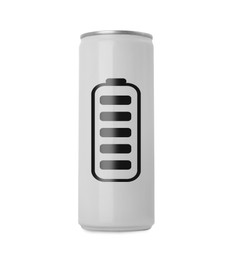 Image of Can of energy drink with picture of fully charged battery on white background