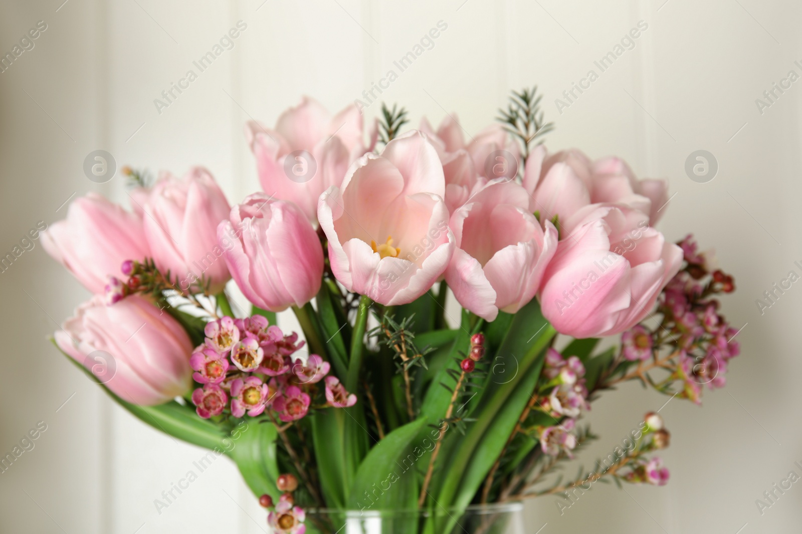 Photo of Beautiful bouquet with spring pink tulips on light background, closeup