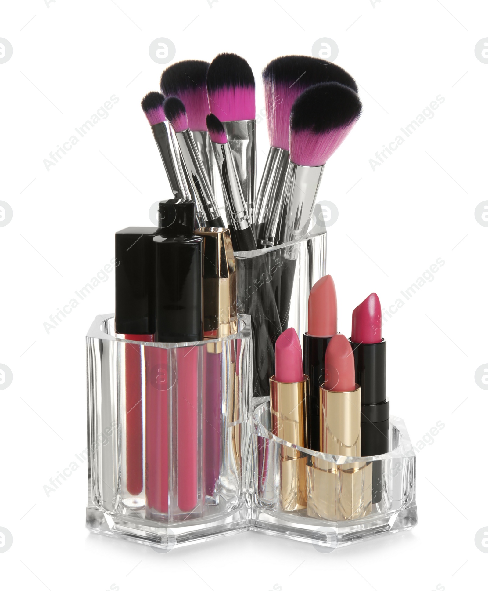 Photo of Set of makeup cosmetic products in organizer on white background