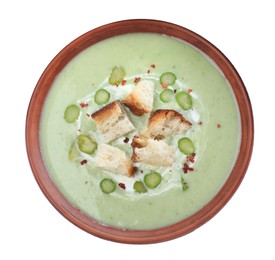 Photo of Delicious asparagus soup with croutons on white background, top view