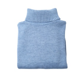 Photo of Folded blue turtleneck sweater isolated on white, top view