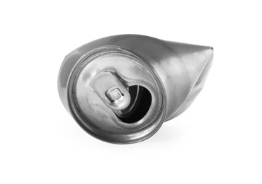 Photo of Empty crumpled aluminum can on white background. Metal waste recycling