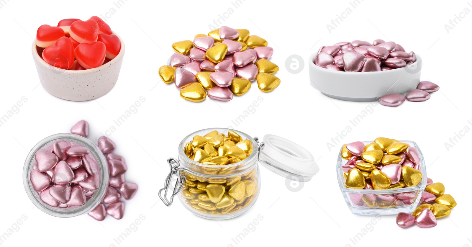 Image of Set with heart-shaped candies isolated on white