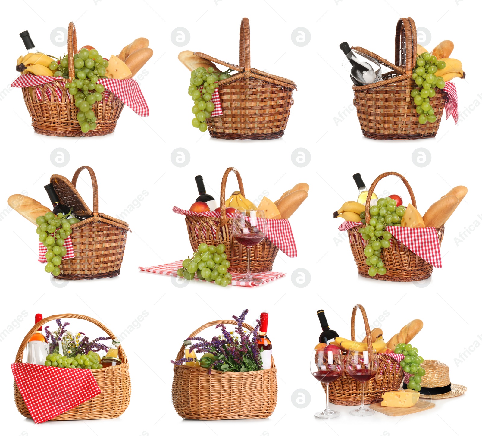 Image of Set of picnic baskets with flowers, food and wine on white background