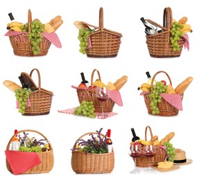 Image of Set of picnic baskets with flowers, food and wine on white background