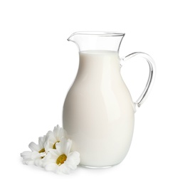 Jug with milk and flowers on white background