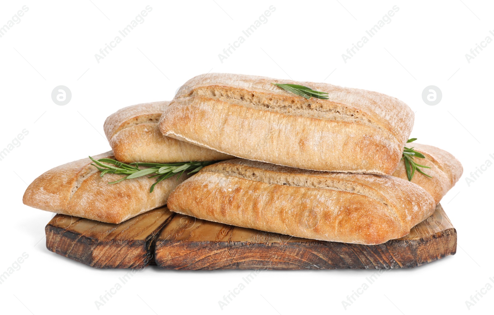Photo of Crispy ciabattas with rosemary isolated on white. Fresh bread