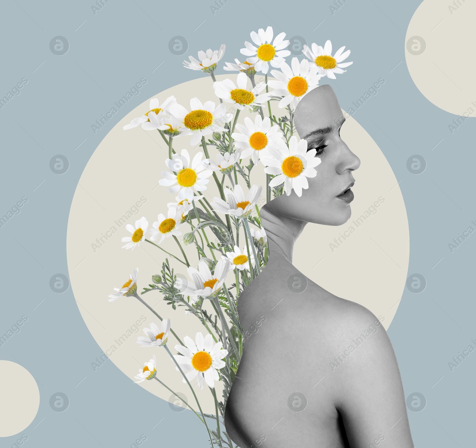 Image of Creative art collage with beautiful meadow flowers and woman on color background