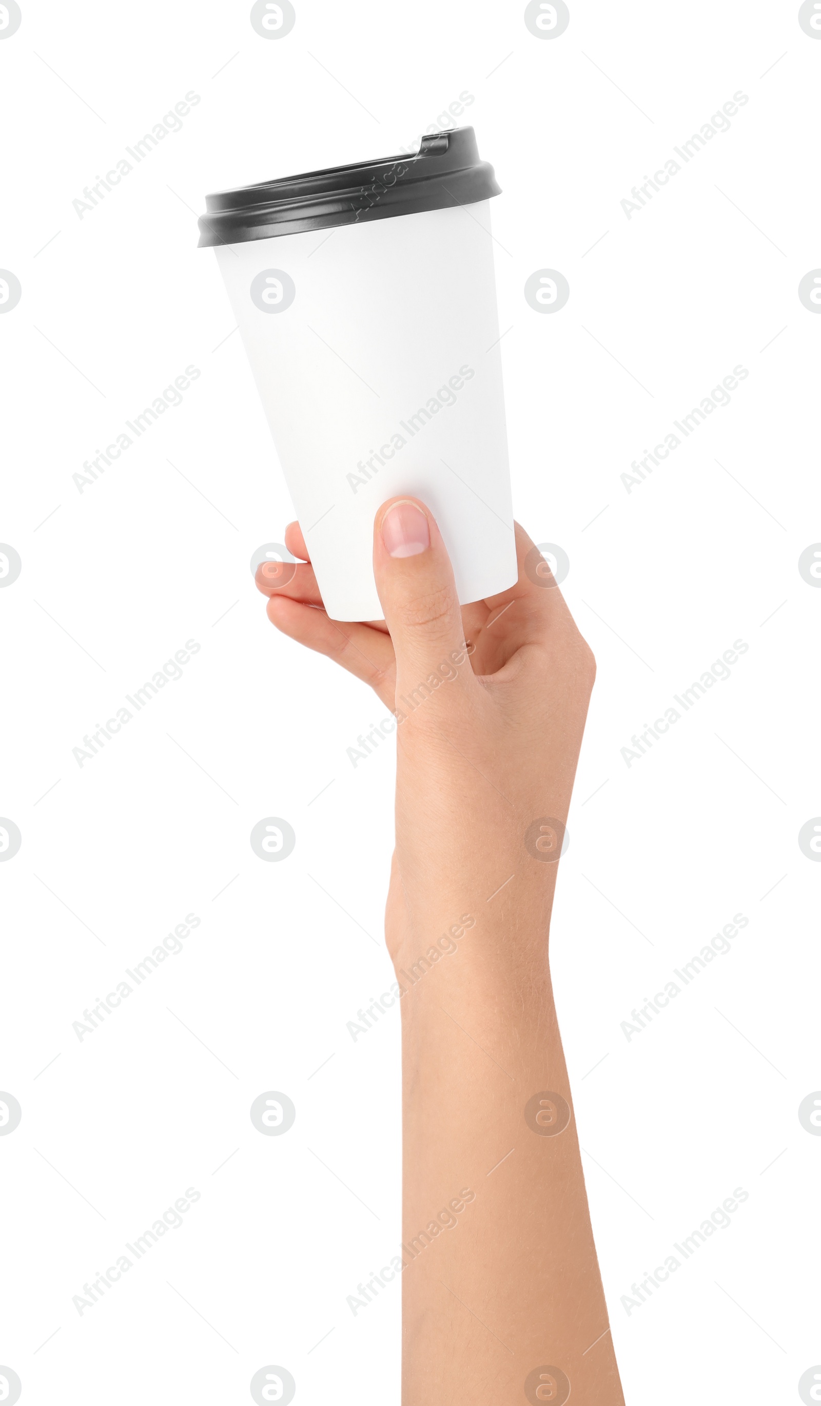 Photo of Woman holding takeaway paper coffee cup on white background, closeup