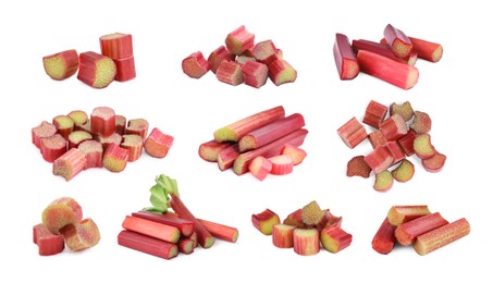 Image of Set with fresh rhubarb stalks isolated on white