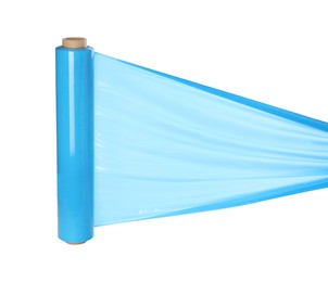 Photo of Roll of light blue plastic stretch wrap on white background