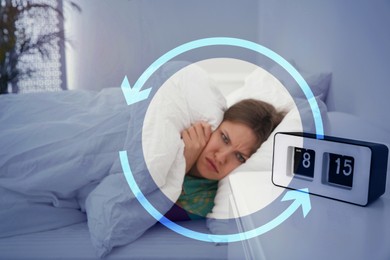 Image of Unhappy young woman in bed at home, focus on clock. Problem of sleep deprivation